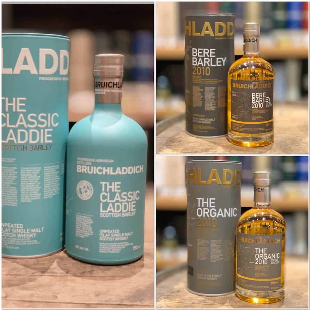 Bruichladdich Classic, Bere Barley, and Organic in bottles